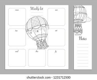 Flat design adult coloring page, notes, weekly and to do list in top view. Sketchbook, coloring book, diary or bullet journal mockup. Vector illustration of detailed air ballon.