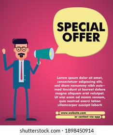 flat design adult man in a suit and mustache with a megaphone shouting an offer. vector illustration. 100% editable. special offer. site banner. text balloon. social media post text area. copy space