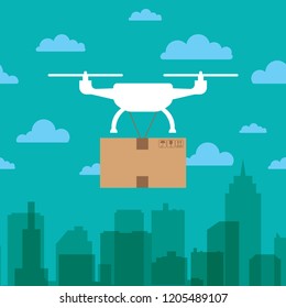 Flat design of aerial drone. Quadrocopter with parcel icon concept. Isolated vector illustration.