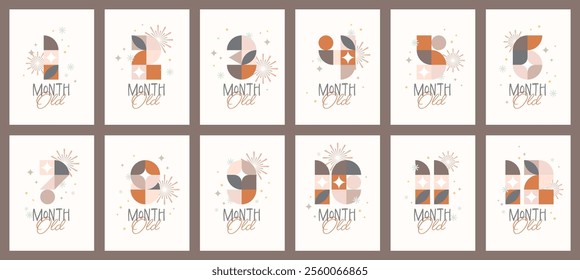 Flat design aesthetic in earthy warm tones for baby milestone flashcards, perfect for kids educational activities, baby photoshoots, monthly baby celebrations, babyhood moments, newborn themed element