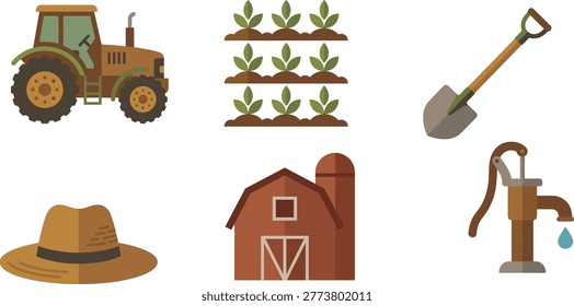 Flat design agriculture and farming icon set featuring a tractor, garden shovel, barn house, water pump, crops, and straw hat.