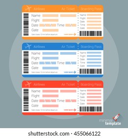 Flat Design  Air Ticket Icon. Air Ticket Template Set. Boarding Pass Air Ticket Mock Up For Application Interface, Presentation And Web Design And Mobile App. Vector Icon For Online Travel Booking.