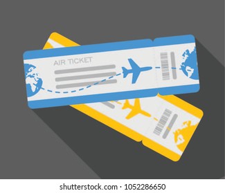 Projeto plano de viagem de avião cartão de embarque dois bilhetes. Modelo vetorial ou simular isolado em fundo cinza.