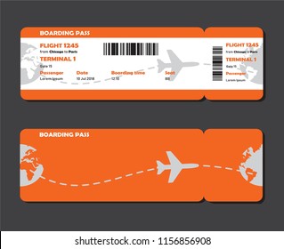 Flat design of airline travel boarding pass. Tickets vector template or mock up isolated on grey background.