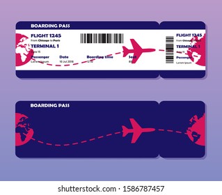 Flat design of airline travel boarding pass. Vector template or mock up isolated on color background. Front and back side tickets.