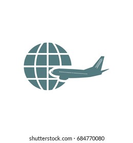 Flat design airplane Icon with globe. Vector  illustration.
