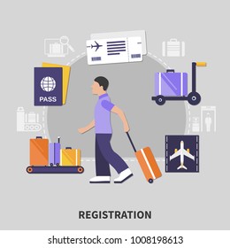 Flat design airport registration concept with man and his luggage vector illustration