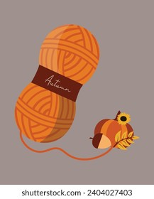 Ilustración de diseño plano con un conjunto de dos bolas de hilo y calabaza de lana, maíz, girasol, hoja