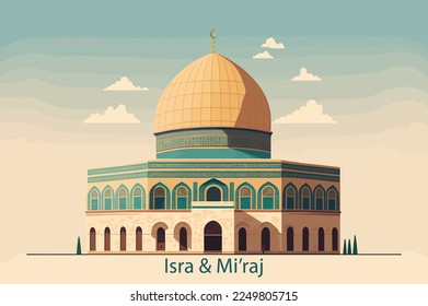 flat design al Aqsa illustration, Isra Miraj background.