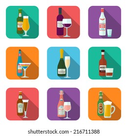 flat design alcohol bottles and glasses with shadow icons set