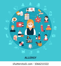 Flat design allergy symptoms and treatment concept on blue background vector illustration