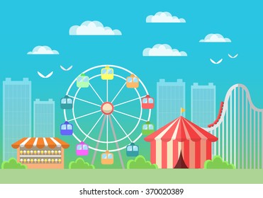 Flat design amusement park in the city, vector illustration