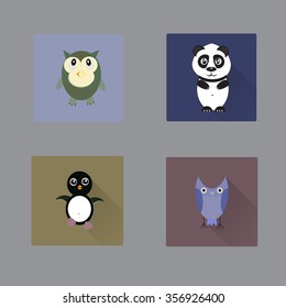 Flat design animal set.Panda, penguin, owls.