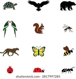 Flat Design Animals, Birds, and Insects Vector Elements