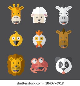 Flat Design Animals Face Cartoon Set Vector Illustration.