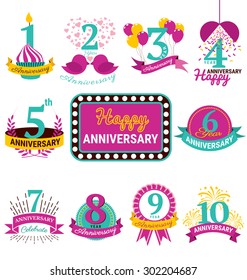 Flat Design Anniversary Emblems vector set 