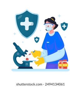 Diseño plano de laboratorio de investigación antivirus, descubrimiento de inyección de vacunas, Ilustración vectorial