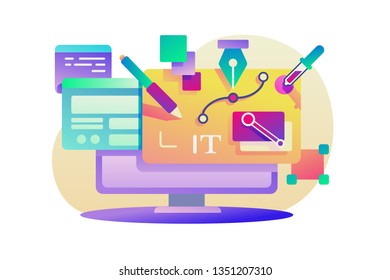 Flat design app for computer with program equipment. Concept modern art with pencil, layer, pipette, brush. Vector illustration.