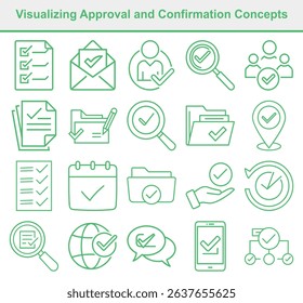 Flat design approval symbols for document, email, settings and more.