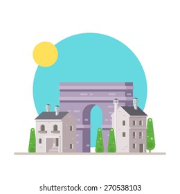 Flat design of Arc de Triomphe France with village illustration vector