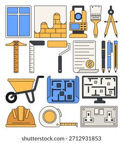 Flat design architecture element icons featuring tools, plans, and construction equipment, ideal for building projects, engineering visuals, and design workflow illustrations.
