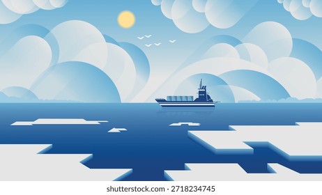 Diseño plano del paisaje marino ártico. Un barco de carga navega entre témpanos de hielo en el Mar del Norte contra un telón de fondo de un cielo con el sol, las nubes y las aves voladoras. Vector.