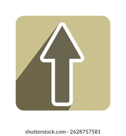 Flat design up arrow icon. Beige square button, white outline, long shadow. Upload, scroll up, or navigation symbol for web, app, UI.