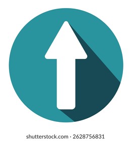 Flat design up arrow icon. Teal circular button with white arrow and long shadow. Upload, scroll up, or navigation symbol for web, app.