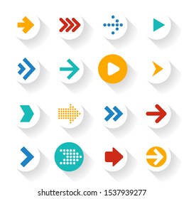 Flat design arrow sign and icon set. Circle shape with long shadow internet page and mobile app buttos and pointers isolated on white background.