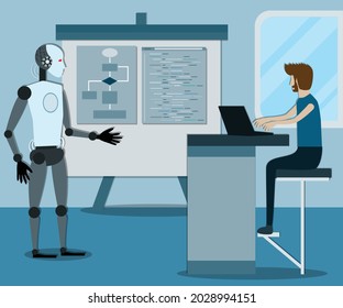 Flat design of Artificial intelligence technology,A man learn to coding from robot , Coding skill concept - vector illustration