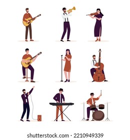 Flat design of artists playing music instruments illustrations set. Illustration for websites, landing pages, mobile applications, posters and banners. Trendy flat vector illustration