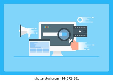 Flat design artwork of Seo, Seo marketing, Digital advertising, Search marketing - vector illustration banner