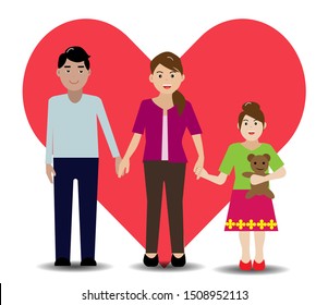 Flat design of asian family, father, mother and daughter. Isolated on white background with red heart shape. Vector Illustration. Idea for family concept.