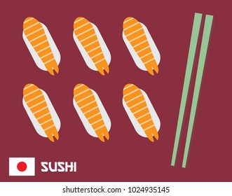 flat design of asian japanese food, fresh shrimp sushi and chopsticks with purple background