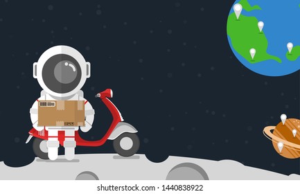 Flat design, Astronaut carry delivery box standing on the moon with red motorcycle, Vector illustration, Infographic Element