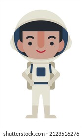 Flat design astronaut character in uniform with hands on waist. Vector character
