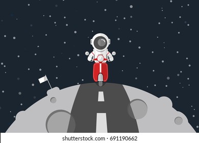 Flat design, Astronaut driving red motorcycle on the road at the moon, Vector illustration, Infographic Element