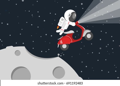 Flat design, Astronaut driving red motorcycle drifting out into space at the moon, Vector illustration, Infographic Element