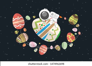 Flat design, Astronaut Embrace the Easter eggs floating on space, Vector illustration, Infographic Element