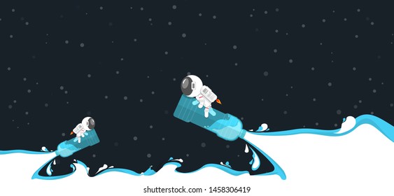Flat design, Astronaut enjoying while ride on water bottle plastic with water power splash in Renewable Energy Concept, Vector illustration, Infographic Element