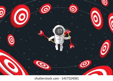 Flat design, Astronaut holding darts while floating on space among red dartboard, Vector illustration, Infographic Element