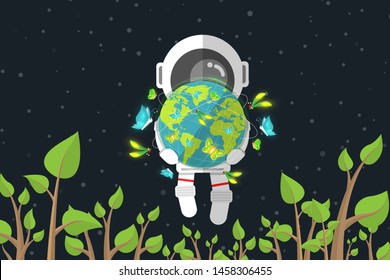 Flat design, Astronaut holds Earth with butterfly while floating among of plant in space, Environmental conservation Concept, Vector illustration, Infographic Element
