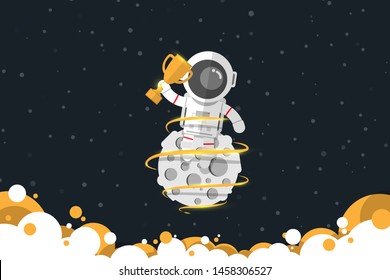 Flat design, Astronaut holds a gold trophy while sitting on the moon with gold color smoke, Vector illustration, Infographic Element