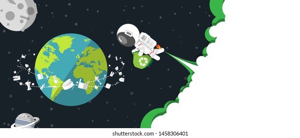 Flat design, Astronaut holds recycle bag go into cleaning Earth among of garbage in Environmental conservation Concept, Vector illustration, Infographic Element