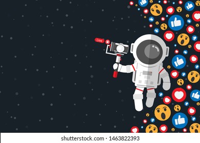 Flat design, Astronaut using camera make video live streaming at space with wow,like and love icon ,Vector illustration, Infographic Element