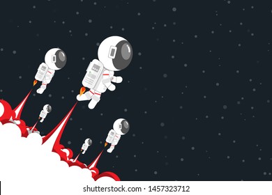 Flat design, Astronauts team launch jet engine with red smoke Go out into space, Vector illustration, Infographic Element