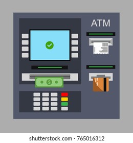 Flat design of ATM machine with cash, credit card and check. Withdrawing money from ATM. Using automat terminal. Vector illustration. Isolated.