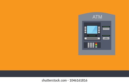 Flat design of ATM machine on the yellow wall. Using automat terminal. Vector illustration.
