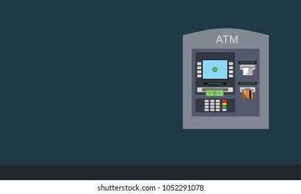 Flat design of ATM machine on the dark blue wall. Using automat terminal. Vector illustration.