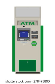 A Flat Design ATM Machine used for many functions like print bank statements, updating passbooks, deposit, payment of fees, money transfer and withdrawal.  Isolated Vector EPS10.